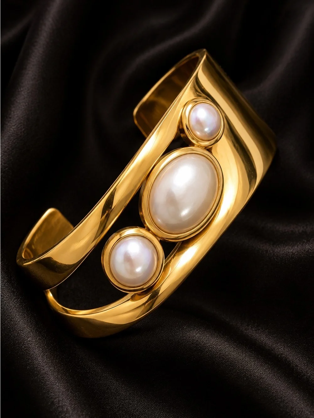 Vintage 18 K Gold plated Cuff Bracelet with Pearl Accents - Picture 8 of 14